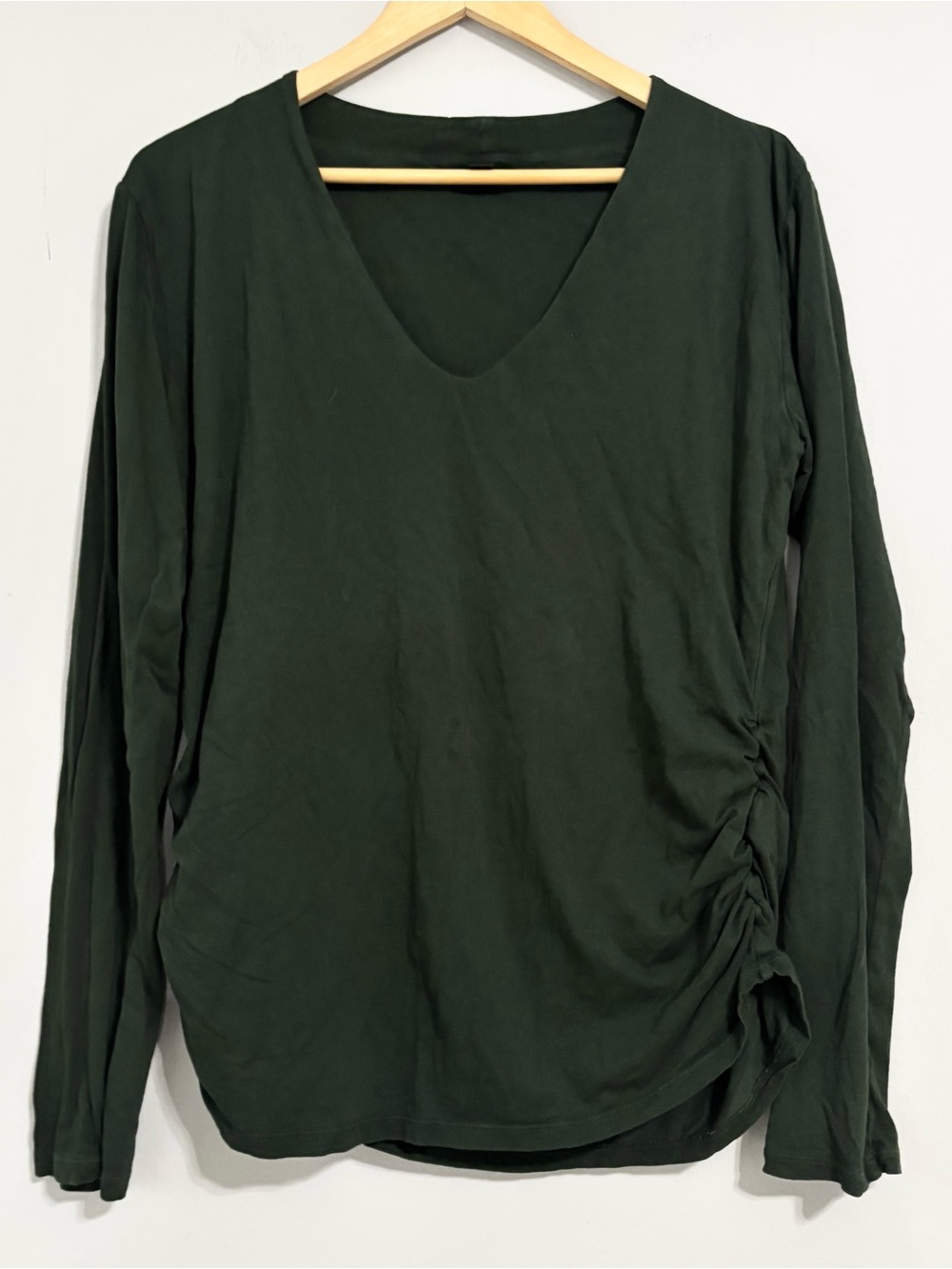 RUTI Forest Green Side Scrunched Long Sleeve V Neck Shirt